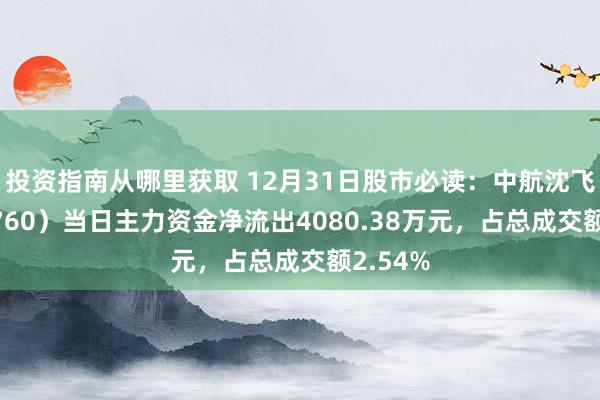 投资指南从哪里获取 12月31日股市必读：中航沈飞（600760）当日主力资金净流出4080.38万元，占总成交额2.54%